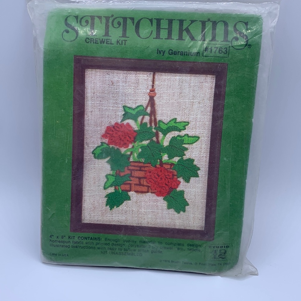 Vintage Stitchkins Crewel Kit Ivy Geranium #1763 NOS